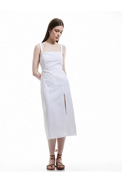 Koton Cotton Slit Detailed Scalloped Embroidered Midi Strap Dress