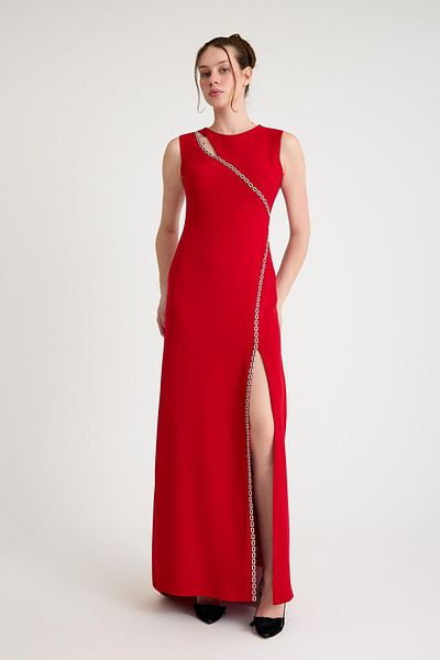 SpringStore Red Chain Detailed Evening Dress