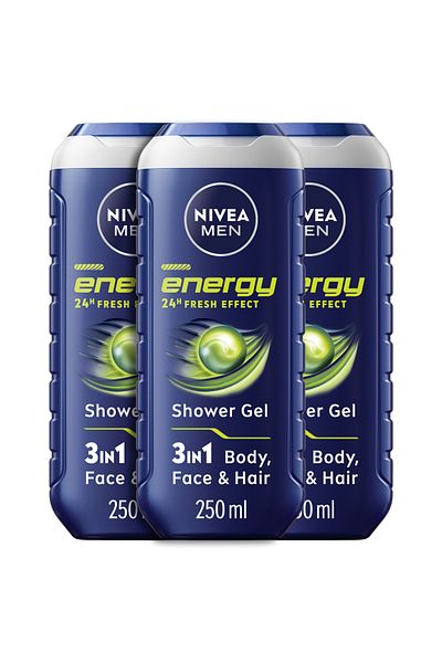 NIVEA MEN Energy Shower Gel 3in1, Body Wash Mint Extracts Masculine Scent, 250ml, Pack of 3