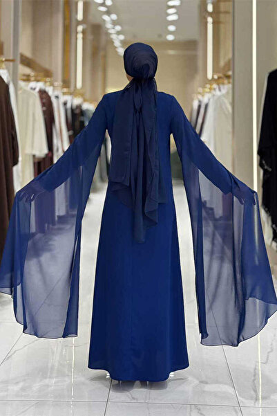 Bym Fashion Evening Dress with Stone Detail with Cape Sleeves 3958 Navy Blue