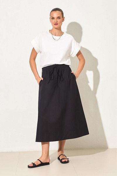 Setre Black 100% Cotton Elastic Waist Comfortable Cut Midi Length Skirt