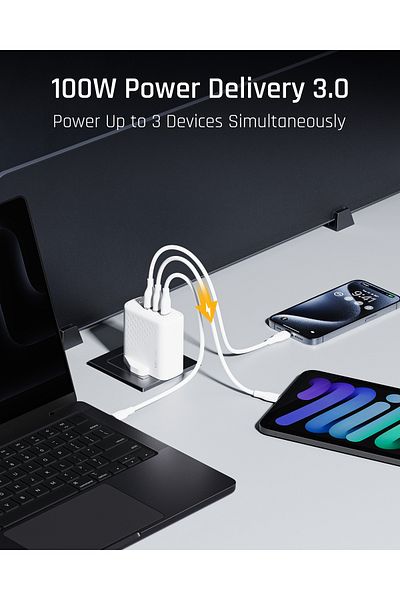 VOLTME Revo 100 GaN III Dual USC-C + 1 USB-A Port Wall Charger PD.3 & QC.3 100W - White