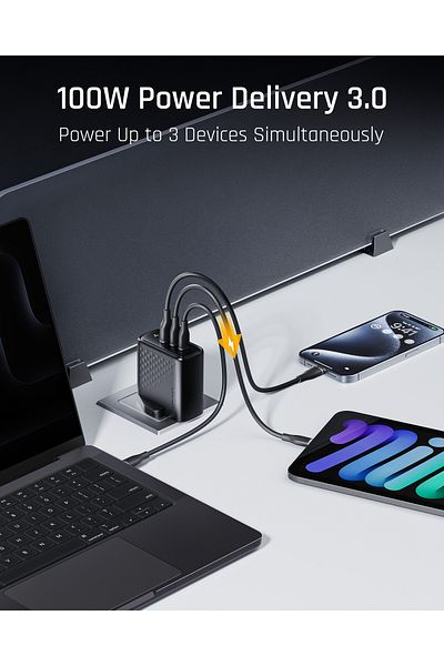 VOLTME Revo 100 GaN III Dual USC-C + 1 USB-A Port Wall Charger PD.3 & QC.3 100W - Black