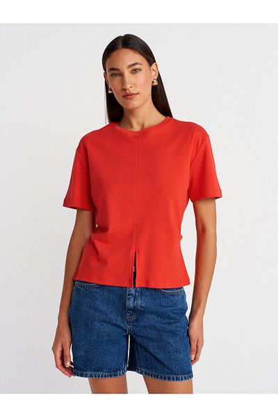 Dilvin 31874 Slit Detailed T-Shirt-Red