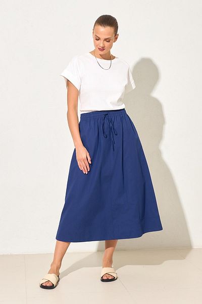 Setre Navy Blue 100% Cotton Elastic Waist Relaxed Cut Midi Length Skirt