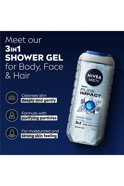 NIVEA MEN Pure Impact 3in1 Shower Gel Body Wash, Deep Cleansing, 250ml, Pack of 3