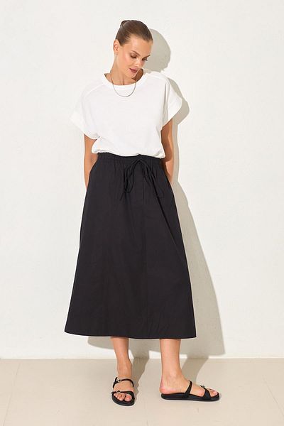Setre Black 100% Cotton Elastic Waist Comfortable Cut Midi Length Skirt