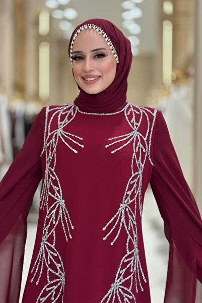 Bym Fashion Evening Dress with Cape Sleeves and Stone Detail 3958 Burgundy