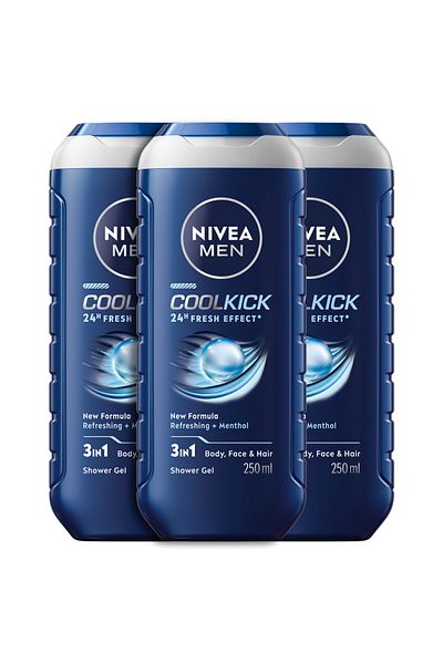 NIVEA MEN Cool Kick Shower Gel 3in1, Body Wash Menthol & Masculine Scent, 250ml, Pack of 3