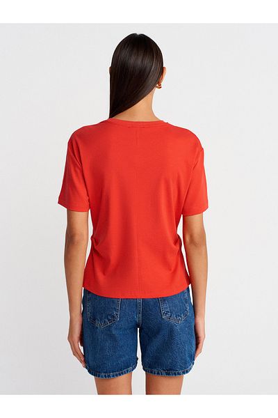 Dilvin 31874 Slit Detailed T-Shirt-Red