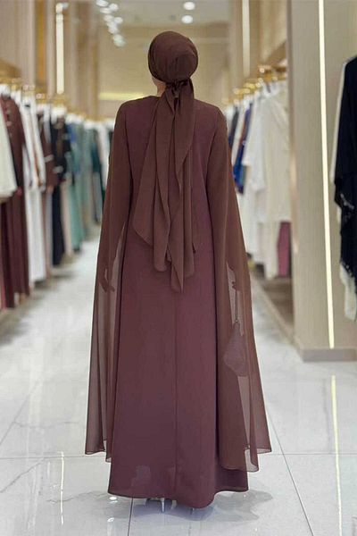 Bym Fashion Evening Dress with Stone Detail with Cape Sleeves 3958 Brown