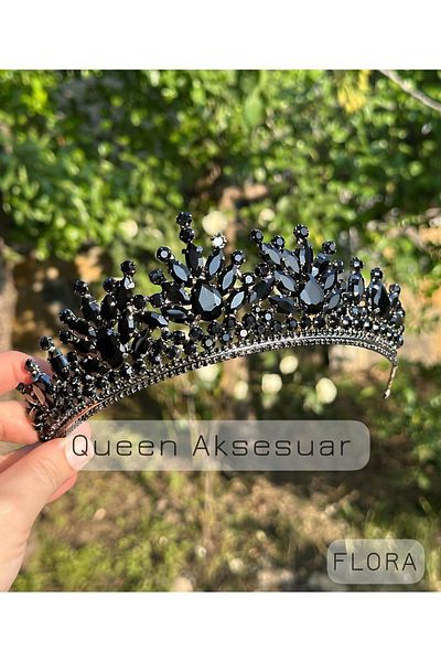 QUEEN AKSESUAR Flora Onyx Black Crystal Stone Luxury Design Engagement Bridal Tiara Metal Crown with Peaked Authentic Motif