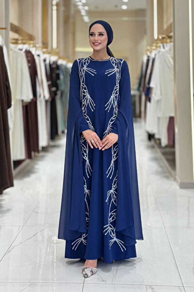 Bym Fashion Evening Dress with Stone Detail with Cape Sleeves 3958 Navy Blue