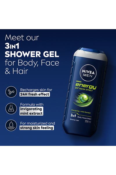 NIVEA MEN Energy Shower Gel 3in1, Body Wash Mint Extracts Masculine Scent, 250ml
