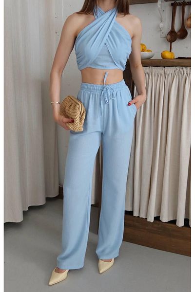 Ekim Store Halter Neck Linen Blouse Trousers Double Set