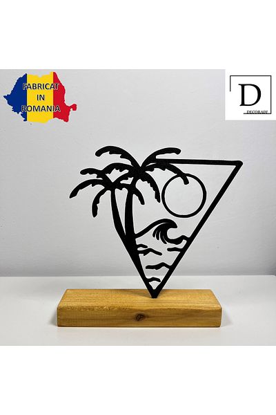 OEM "Tropical Escape" decoration with natural wood base, 15 cm, black, 3D printed