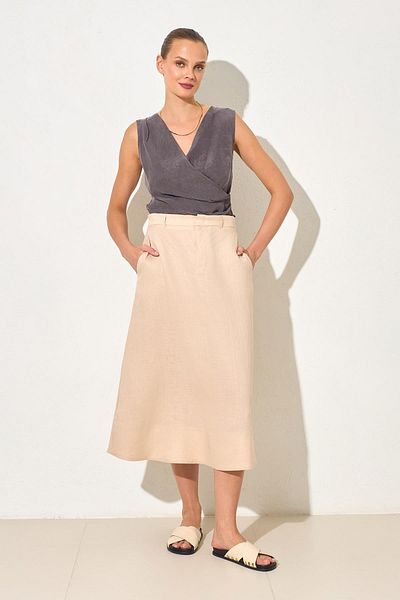 Setre Beige 100% Linen Casual Cut Skirt with Waist Detail