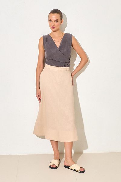 Setre Beige 100% Linen Casual Cut Skirt with Waist Detail