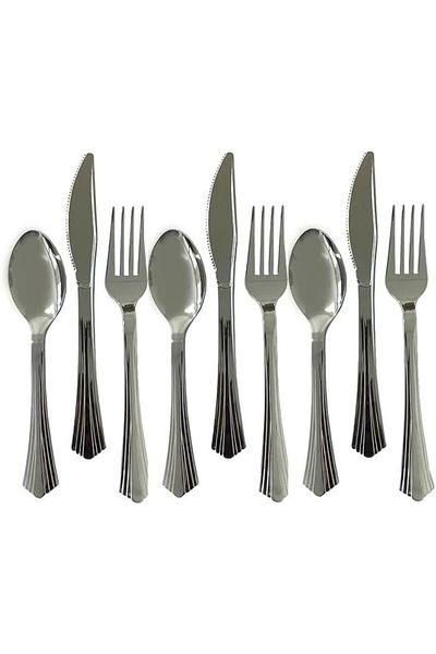Other Disposable Premium Quality Plastic Mixed Cutlery Silver Chrome Forks Knives Spoons Set 18Pcs