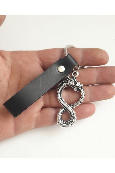 AB Takı Dragon Snake Symbol Fashion Black Real Leather Keychain