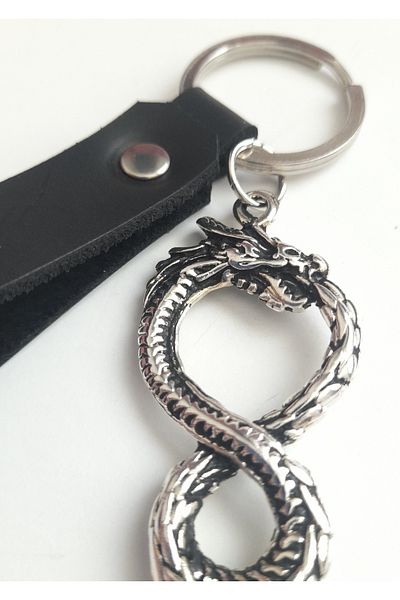 AB Takı Dragon Snake Symbol Fashion Black Real Leather Keychain