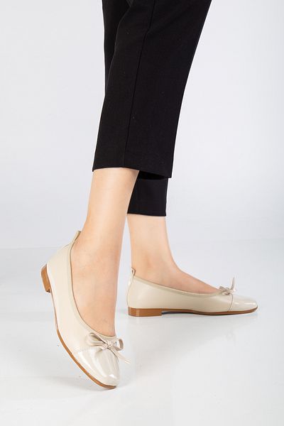 Tonny Black Women's Beige Bow Ballerina Ballerina with Straw Detail on the Side
