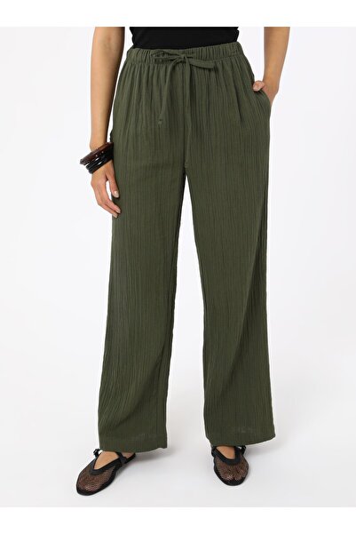 Benin Cotton Muslin Fabric Trousers with Tie Detail - Khaki -