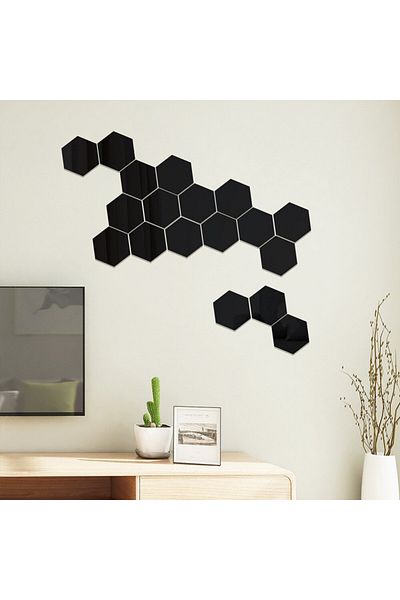 OEM Set de oglinzi acrilice cu design hexagonal - Oglinzi decorative, mărime M, negru, Luxury Home, 12 piese/set