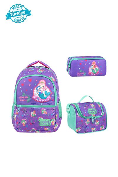 Royal Glow Combinație de geantă de școală primară sirenă Set cutie termică de prânz și suport pentru stilou