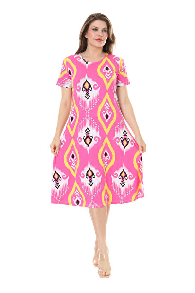MELSAY Women's Short Sleeve Pink Motif Patterned A-Line Plus Size Dress