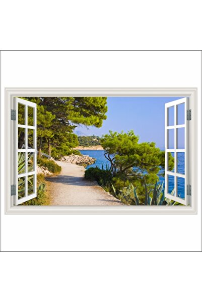 media Fototapet autocolant Fereastra Carare, mare, pini, 150 x 100 cm