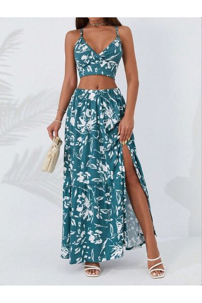 JANES Women's Thin Strap Floral Print Patterned Crop Slit Skirt Double Single Jersey Suit