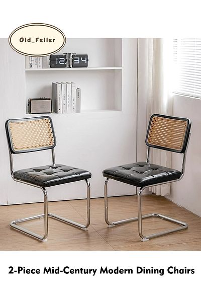 Old_Feller 2-piece Vintage Rattan Dining Chairs: Mid-century Faux Leather Upholstered, Cane Back & Chrome Legs