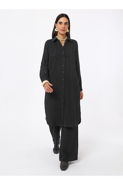 Benin Cotton Muslin Fabric Trousers with Tie Detail - Black -