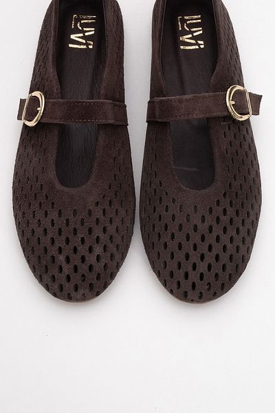 LuviShoes Ari̇an Brown Suede Genuine Leather Perforated Women's Ballerina Shoes