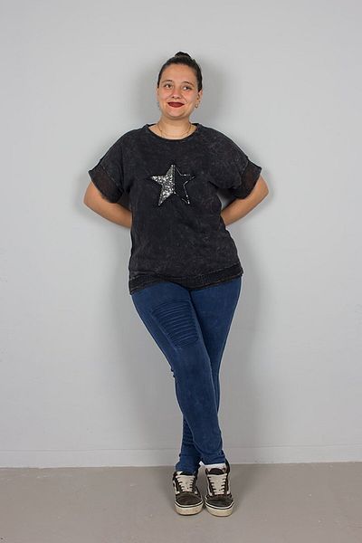 Truva XXL Plus Size Star Sequin Embroidered Washable Black Cotton Blouse – Sparkling and Comfortable Design