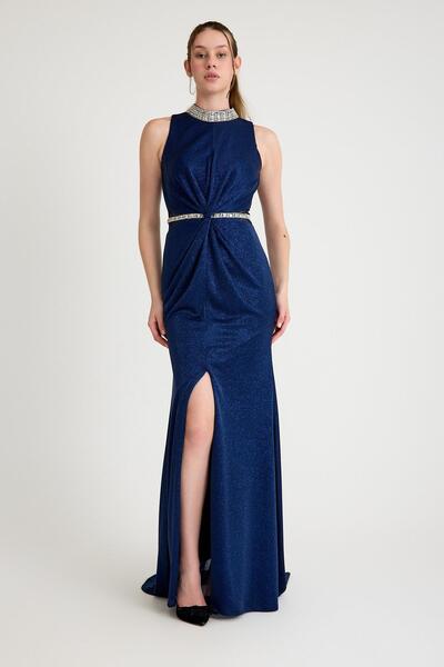 SpringStore Navy Blue Judge Collar Waist and Collar Stone Evening Dress