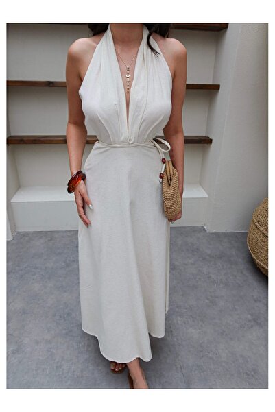 ESRAHELVACI Halter Neck Rope Tie Linen Dress