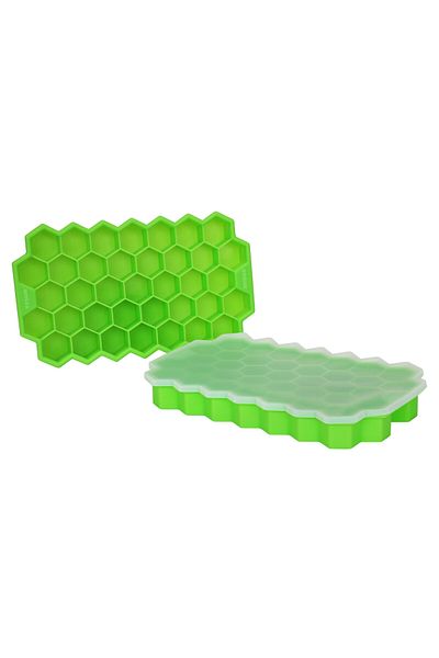 BOEM Set de 2 tăvițe de gheață din silicon HONEY Green, formă hexagonală, 37 cuburi de gheață, capac