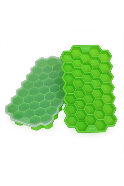 BOEM Set de 2 tăvițe de gheață din silicon HONEY Green, formă hexagonală, 37 cuburi de gheață, capac