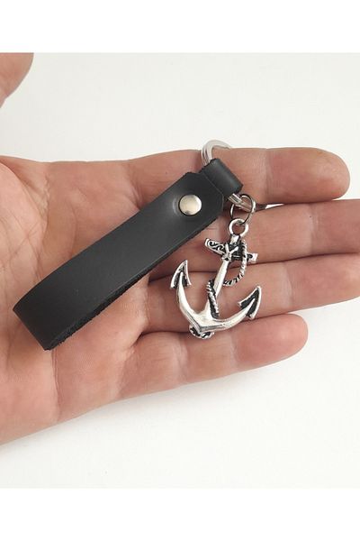 AB Takı Anchor Premium Symbol Fashion Black Real Leather Keychain