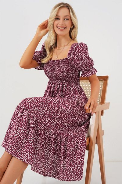 modaserdem Κοντομάνικο Floral Φόρεμα 2556 - Claret Red