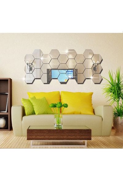 OEM Set de 12 oglinzi din sticlă acrilică, model hexagonal, 100 x 85 x 50 mm, argintii
