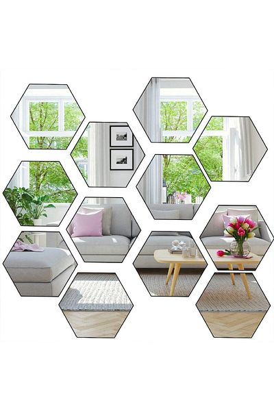 OEM Set de 12 oglinzi acrilice autoadezive, model hexagonal, 12,5x11x6,4 cm, argintii