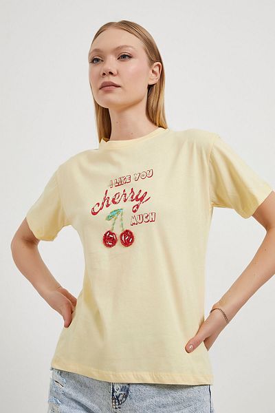 Arma Life Tricou galben de vară cu broderie cu mărgele cu model cireș pentru femei
