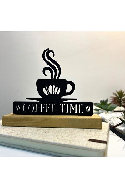 OEM "Sacred Coffee Time" decoration with natural wood base, 16 cm, black, 3D printed