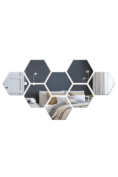 OEM Set de 8 oglinzi acrilice autoadezive, model hexagonal, 18,5x16x9,3 cm, argintii