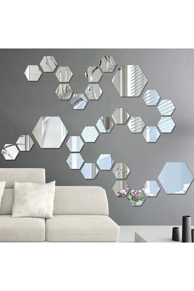 OEM Set de oglinzi cu design hexagonal - oglinzi decorative acrilice argintii, 29 buc.
