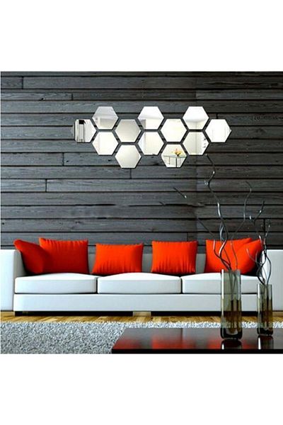 OEM Set de oglinzi decorative acrilice cu design hexagonal argintiu XXL diagonală 18 cm - Set de 12 buc