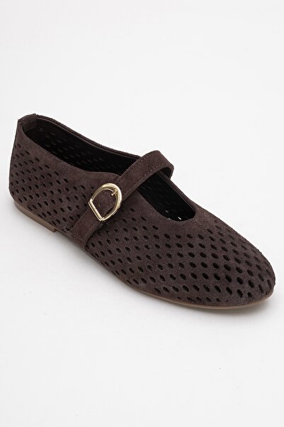 LuviShoes Ari̇an Brown Suede Genuine Leather Perforated Women's Ballerina Shoes